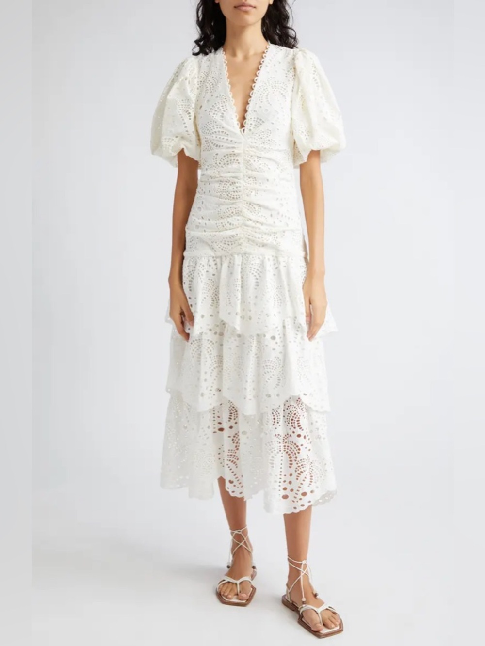 NWT FARM Rio Cotton Eyelet Puff Sleeve White Tiered Midi Dress L cottage coastal